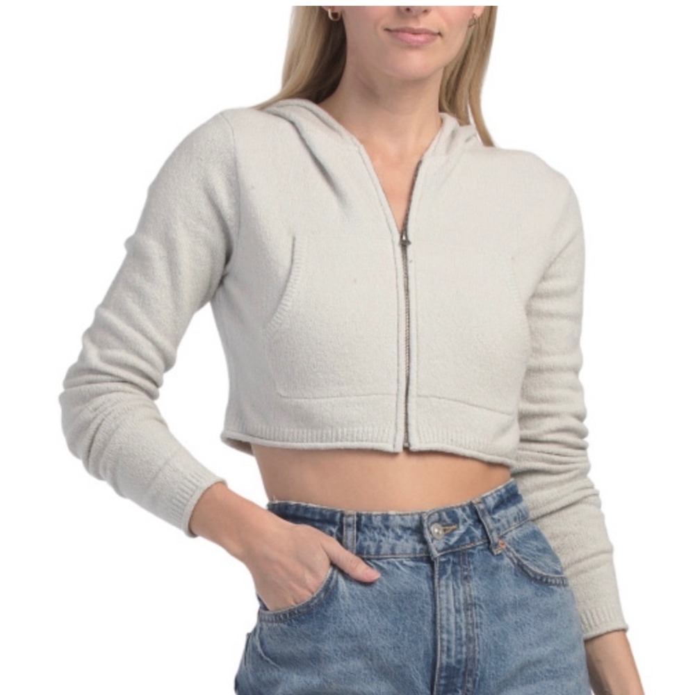 RE/DONE & PAM Light Grey Mini Knit Hoodie Cropped Zip Up Sweater Large NEW $395